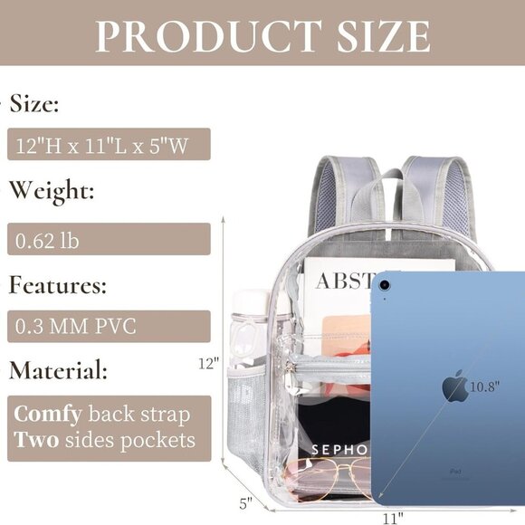 Elegant Stadium Approved Grey Clear Backpack - Waterproof & Comfortable - Picture 3 of 9